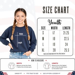 Youth size chart with measurements for America 250 Eagle sweatshirts