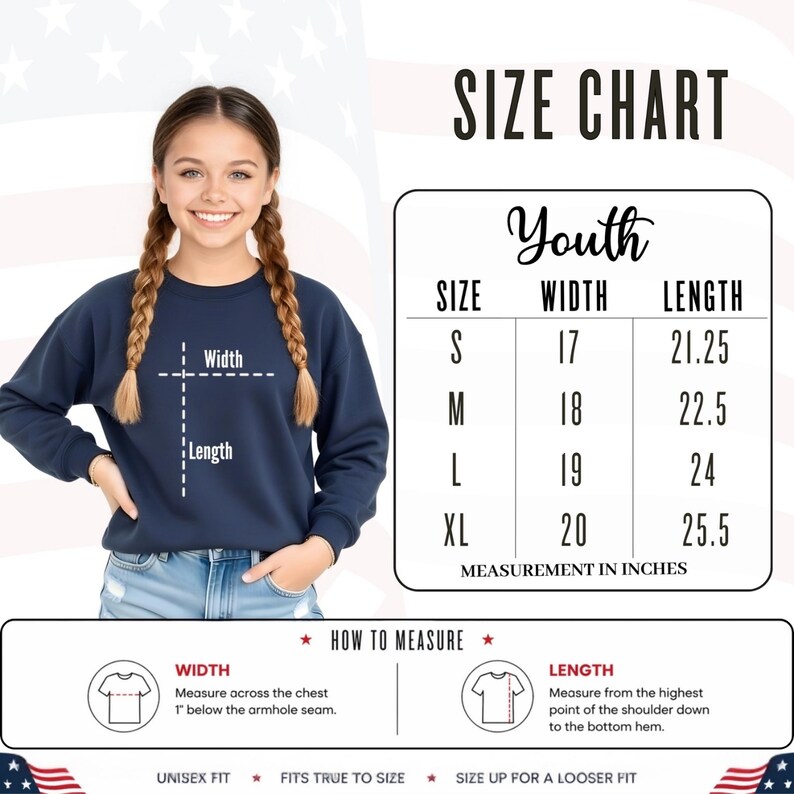 Youth size chart with measurements for America 250 Eagle sweatshirts