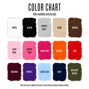 Apparel color chart showing available shirt, sweatshirt and hoodie colors.