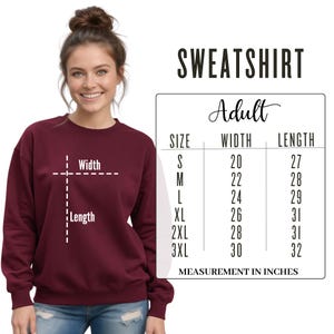 Adult sweatshirt size chart showing width and length measurements for sizes S through 3XL.