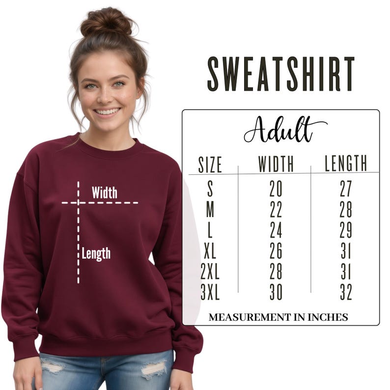 Adult sweatshirt size chart showing width and length measurements for sizes S through 3XL.