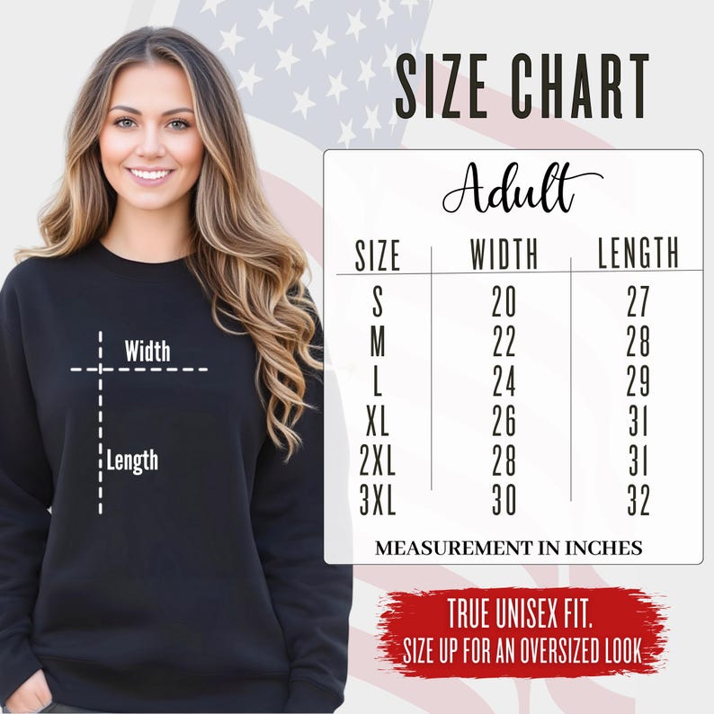 Adult unisex sweatshirt size chart for SLAY crewneck. Includes width and length measurements for S to 3XL. Fit guide for cozy fleece sweatshirts.