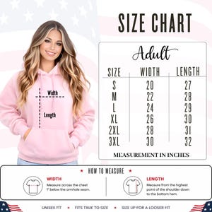 Adult unisex size chart for America 250 t-shirt sweatshirt and hoodie