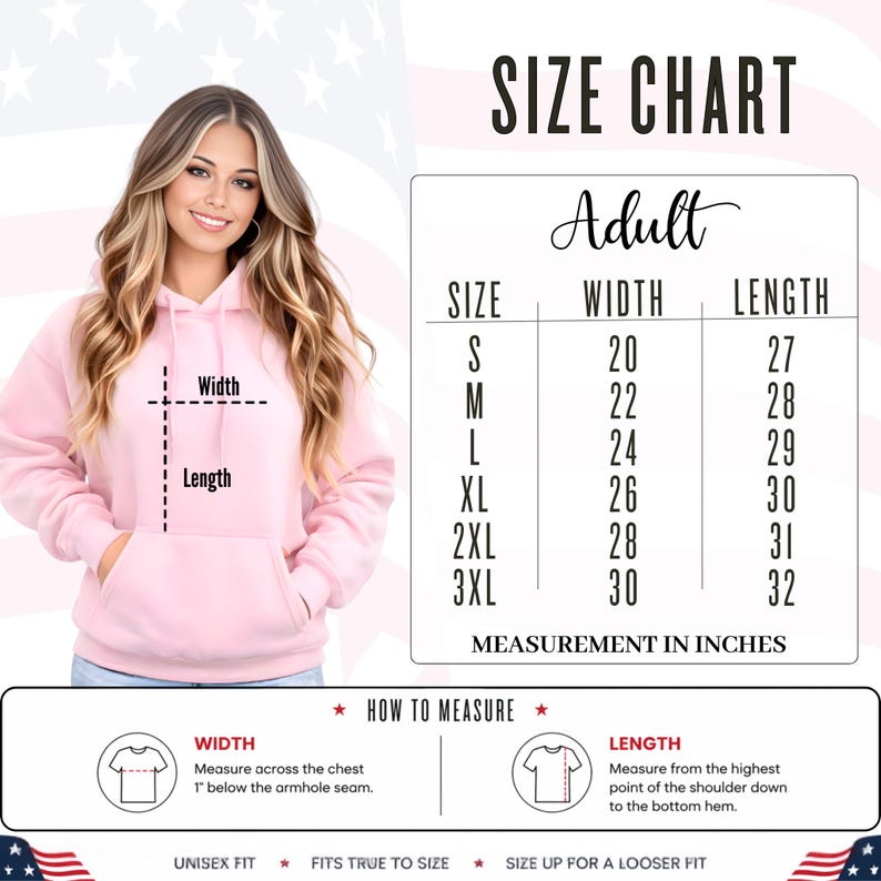 Adult unisex size chart for America 250 t-shirt sweatshirt and hoodie