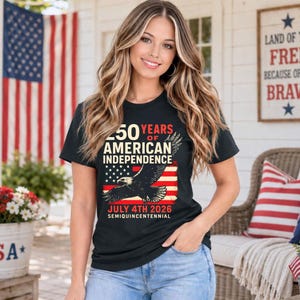 Woman wearing black patriotic America 250 tshirt with bald eagle and vintage American flag graphic celebrating 250 years of American independence July 4th 2026 patriotic apparel for women and teens.