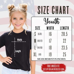 Youth T-shirt size chart for SLAY shirt with size measurements for S, M, L, XL. Kids unisex fit guide to help choose the correct size for SLAY graphic tee.