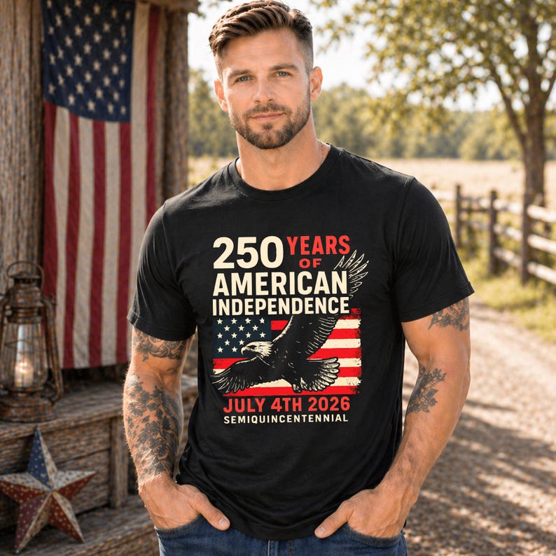 Adult man wearing black America 250 patriotic tshirt with eagle and American flag graphic celebrating 250 years of American independence July 4th 2026 patriotic apparel for men.