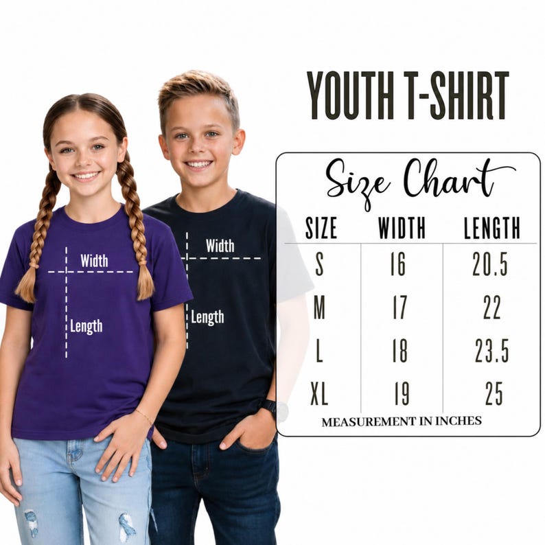Youth T-shirt size chart showing width and length measurements for sizes S through XL.