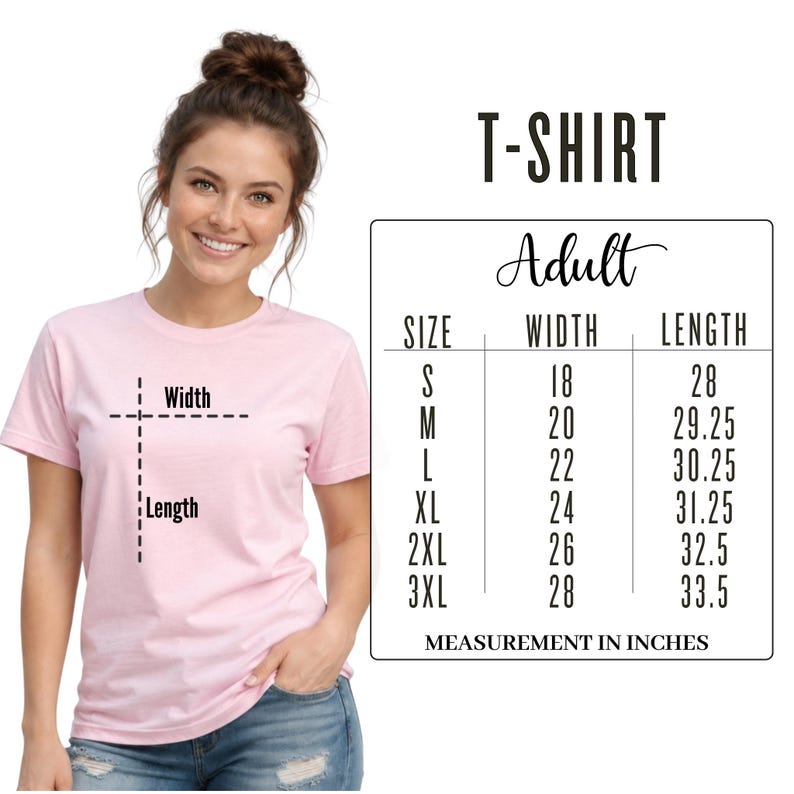 Adult T-shirt size chart showing width and length measurements for sizes S through 3XL.