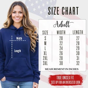Adult unisex hoodie size chart for SLAY hoodie with size measurements for S to 3XL. Fit guide for pullover hoodies with cozy fleece material.