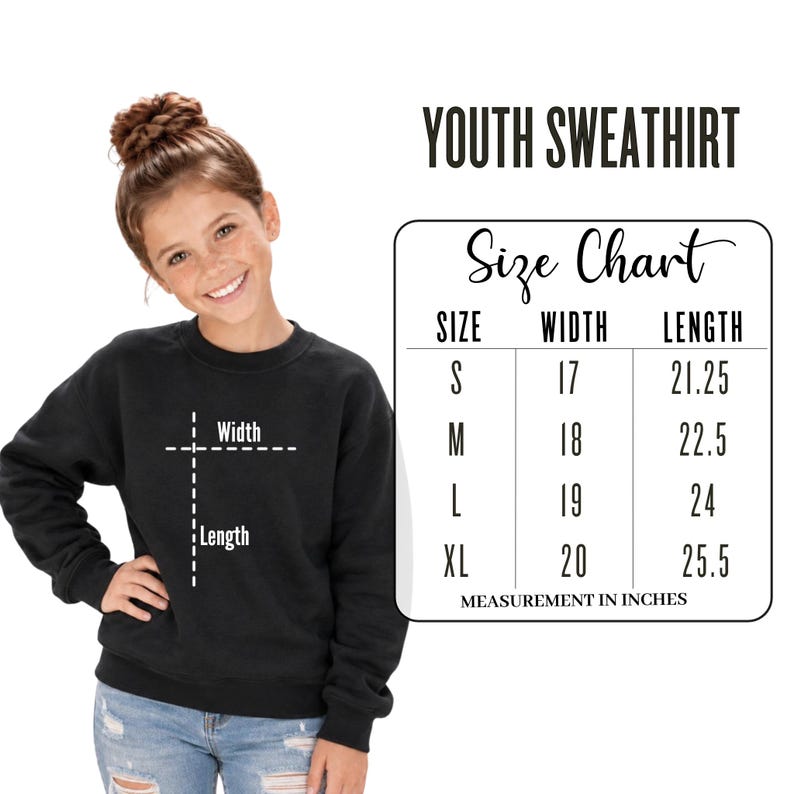 Youth sweatshirt size chart showing width and length measurements for sizes S through XL.