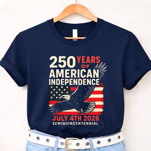 Navy tshirt with patriotic eagle and American flag 250 Years of Independence design