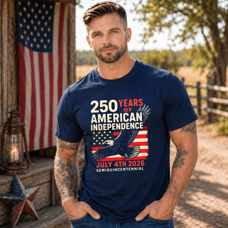 Patriotic America 250 shirt on navy blue tshirt featuring bald eagle and distressed American flag graphic for July 4th 2026 semiquincentennial celebration apparel for men women and teens outdoors with rustic American flag backdrop.