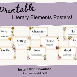 Può includere: Poster stampabili con accenti floreali, ognuno con un diverso elemento letterario: Elementi letterari, Personaggio, Ambientazione, Tema, Conflitto, Tono, Atmosfera, Trama, Punto di vista. I poster hanno uno sfondo beige con un bordo marrone chiaro.