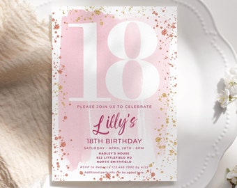 編集可能な 18 歳の誕生日パーティー招待状テンプレート 女の子、ピンクとゴールドの電子招待状 18 歳の誕生日デジタル、女の子 18 歳のパーティーのアイデア 145HL