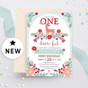 Editable Fawn First Birthday Party Invitations, One-deer-ful Birthday Invitation, Boho Woodland Animals 1st Party, Floral Deer, Blue, 112HL