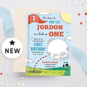 Editable Boy Golf First Birthday Invitation, Boy golf party invite, Golf 1st Birthday invitation, Par-tee, Hole in one birthday, Blue 109HL