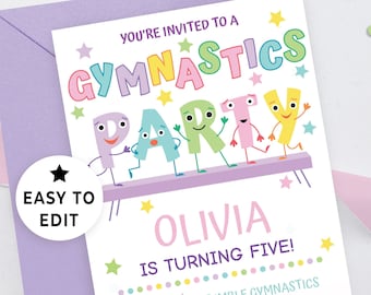 Editable Invitation Gymnastics Party Digital Download, Gymnastics Birthday Invitation Girl Instant, Girl Gymnast Party Printable, 113HL