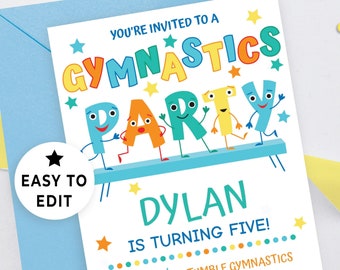 Bearbeitbare Einladung Gymnastics Party Digital Download, Gymnastics Birthday Einladung Boy Instant, Boy Gymnast Party Printable, weiß 113HL