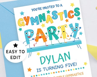 Puede incluir: Una tarjeta de invitación azul y blanca con letras de colores que deletrean "GYMNASTICS PARTY" con caras de dibujos animados. El texto "You're invited to a" está en la parte superior de la tarjeta. El texto "DYLAN IS TURNING FIVE!" está en el centro de la tarjeta. El texto "SATURDAY FEBRUARY 27TH 2:30-3:30 PM" está en la parte inferior izquierda de la tarjeta. El texto "TUMBLE GYMNASTICS 333 MAIN ST. CUMBERLAND RSVP Megan 123.456.7890" está en la parte inferior derecha de la tarjeta.