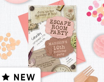 Invitación de cumpleaños editable de Escape Room Girl Digital para niños o preadolescentes, Mystery Break Out, Detective, Descubrir la fiesta misteriosa 122HL