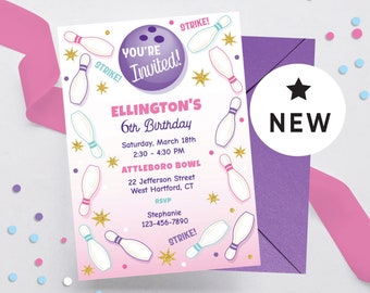 May include: A pink and purple bowling-themed birthday party invitation with a bowling ball and pins. The invitation says "You're Invited!" and includes the text "ELLINGTON'S 6th Birthday" and "Saturday, March 18th 2:30 - 4:30 PM ATTLEBORO BOWL 22 Jefferson Street West Hartford, CT RSVP Stephanie 123-456-7890".