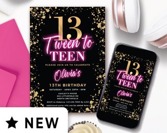 Editable Tween to Teen Invitation for 13th Birthday Girl, Party Idea 13 Year Old, Official Teenager Gold Hot Pink Digital Invite 130HL