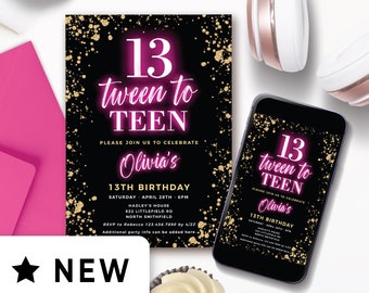 Editable Tween to Teen Invitation for 13th Birthday Girl, Party Idea 13 Year Old, Official Teenager Gold Hot Pink Digital Invite 130HL
