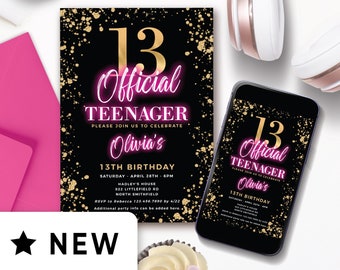 Editable Digital Birthday Invitation for 13th Birthday Girl, Party Idea for 13 Year Old, Warning Official Teenager Gold Hot Pink 130HL