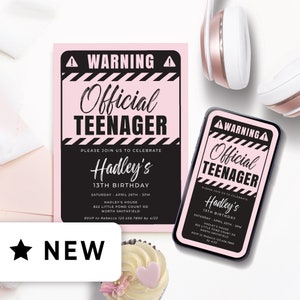 Bearbeitbare digitale Geburtstagseinladung für 13. Geburtstagskind, Party-Idee für 13-jährige, Warnung offizielle Teenager Evite Blush Pink 130HL