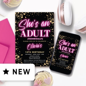 Modèle d'invitation de fête d'anniversaire modifiable 18e fille, invitation électronique Glow Hot Pink Gold 18e anniversaire numérique, elle est un adulte 145HL