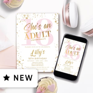 Editable 18th Birthday Party Invitation Template Girls, Pink & Gold Electronic Invitation 18th Birthday Digital, 18 Funny Party Idea 145HL