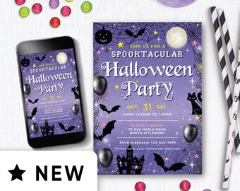 Puede incluir: Invitación a una fiesta de Halloween de color morado con un gato negro, murciélagos y una luna. El texto dice "Join us for a Spooktacular Halloween Party" con la fecha y la hora de la fiesta.
