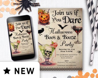Bearbeitbare Halloween-Cocktailparty-Einladung, Boos- und Schnapsvorlage, Retro / Vintage-Aquarellschädel-Halloween-Party laden Erwachsenen ein 154HL