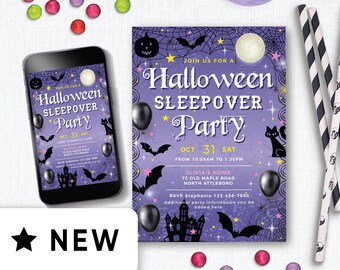Bearbeitbare Halloween Sleepover Einladungen Mädchen, Halloween-Geburtstagsfeier für Kinder, Kinderkostümparty Laden Download-Vorlage 154HL ein