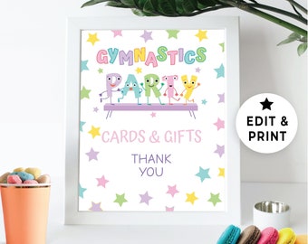May include: Printable sign with a white background and colorful stars. The sign says "Gymnastics Party" with colorful letters that look like people. The sign also says "Cards & Gifts" and "Thank You".