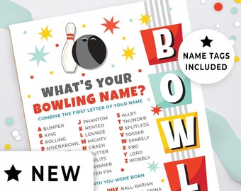 What&#39;s Your Bowling Name Party Game with Nametags, Bowling Birthday or League Printable, Strike Up Some Fun Name Generator, Icebreaker 103BL