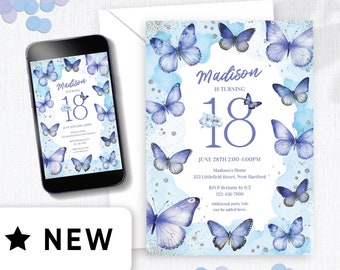 May include: Blue and silver birthday invitation with butterflies and the text "Madison is turning 18" and details for the party.
