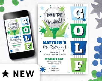 May include: A blue, green, and white invitation for a 9th birthday party with a golf theme. The invitation says "You're Invited!" and "Matthew's 9th Birthday!" with a golf ball and tee graphic. The invitation also includes the date, time, and location of the party.
