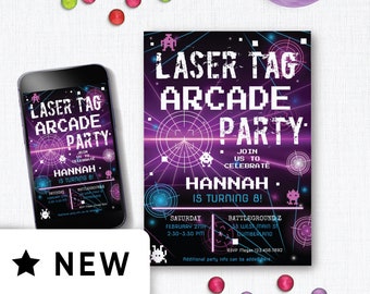 Editable Laser Tag Arcade Birthday Party Invitation Download, Neon Glow Gaming, Purple Pink Pizza & Indoor Laser Tag Invite Girls Kids 133HL