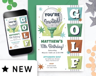 May include: A green and white birthday invitation with a golf theme. The invitation says "You're Invited!" and "Matthew's 10th Birthday!" with a golf ball and tee graphic. The invitation also includes the date, time, and location of the party.