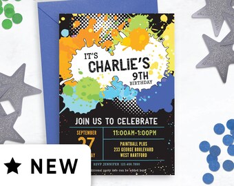 Könnte beinhalten: Eine schwarze und farbenfrohe Geburtstagseinladung zum 9. Geburtstag von Charlie. Die Einladung zeigt ein Spritzmuster mit dem Text "It's Charlie's 9th Birthday" und "Join us to celebrate". Die Einladung enthält auch das Datum, die Uhrzeit und den Ort der Party: 27. September, 11:00 Uhr - 13:00 Uhr, Paintball Plus, 233 George Boulevard, West Hartford. Die RSVP-Informationen sind ebenfalls enthalten: RSVP Jennifer 123.456.7890.