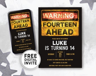 Editable 14th Birthday Invitation Boy Digital Download, Party Idea for 14 Year Old Teen Boy, Simple Teenager Invite Instant Template 147HL