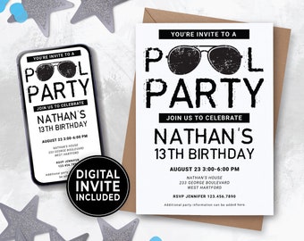 May include: Black and white pool party invitation with sunglasses graphic. The invitation says "You're invite to a Pool Party" and includes the text "Join us to celebrate Nathan's 13th Birthday". The invitation includes the date, time, and location of the party.