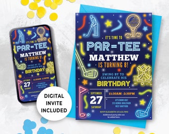 Modello modificabile di invito per una festa di golf, Invito per una festa di compleanno di mini golf, Luogo per una festa di golf, Festa di golf per bambini, Par-Tee al neon, Ragazzo 134HL