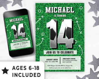 Editable 14th Birthday Invitation Boy Digital Download, Party Idea for 14 Year Old Teen Boy, Soccer Theme Game Sports Instant Template 138HL