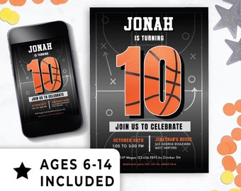 Editable 10 Year Old Birthday Party Invitation Boy,  10th Birthday Party Ideas, Double Digits, Basketball Game Sports Instant Template 138HL