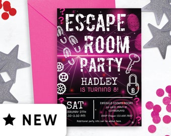 Invitación de cumpleaños editable de Escape Room Girl Digital para niños o preadolescentes, Mystery Break Out, Detective, Descubrir la fiesta misteriosa 122HL