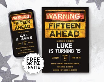 Redigerbar 15-årsdagsinbjudan pojke digital nedladdning, 15-årsfestidé tonårspojke, enkel tonårsinbjudningsmall honom 15 år 147HL