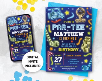 Modello modificabile di invito per una festa di golf, invito per una festa di compleanno di minigolf per ragazzo, luogo per una festa di golf, festa di golf per bambini, Glow Neon Par-Tee 134HL